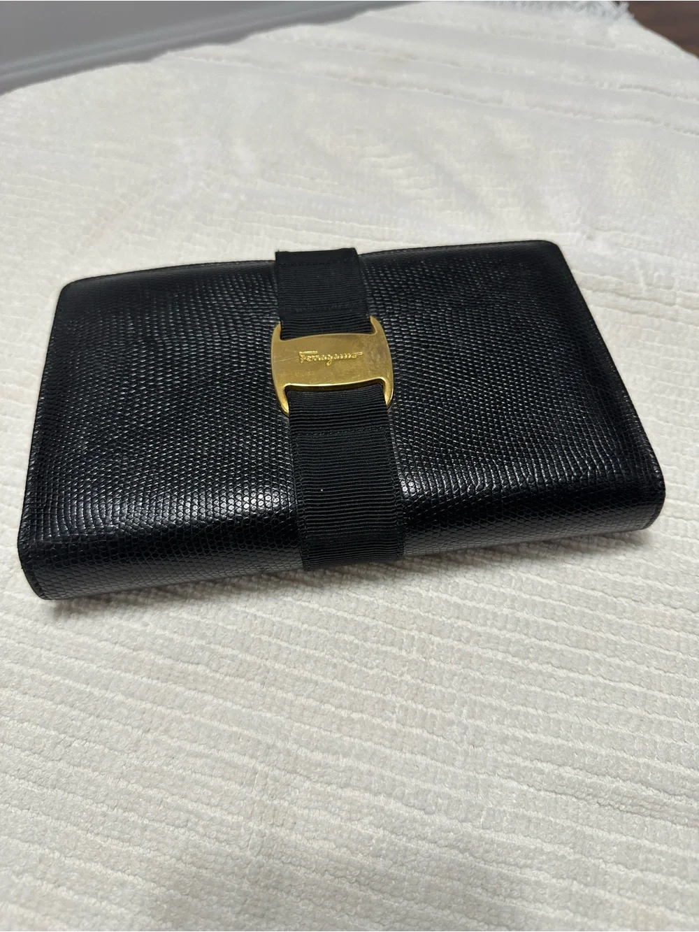 Salvatore Ferragamo Black Leather Card & Key Holder with Gold Buckle